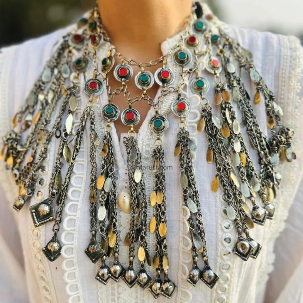 Afghan Kuchi Tribal Necklace, Gypsy Silver Multi-Layered Tassel Statement Jewlry - Picture 3 of 7